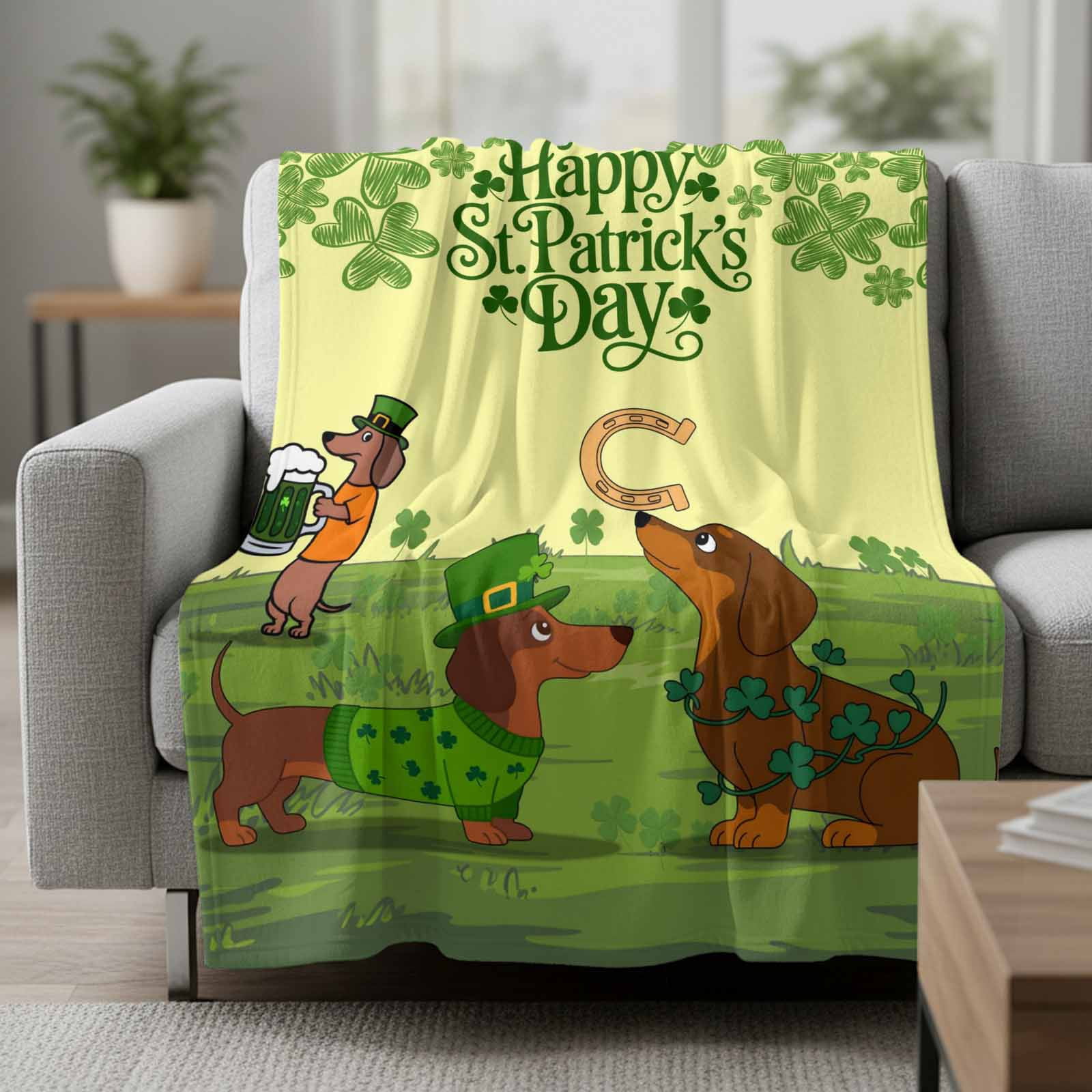 Yellow St. Patrick's Day Blanket Soft Cozy Warm Throw Blanket for Couch, Plush Fuzzy Flannel Fleece Blankets for Sofa, Green Lucky Clovers Dog Bed Blankets Lightweight Gifts for Women, 32"x48"