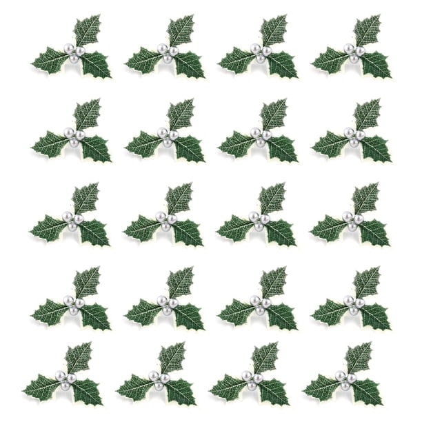 Naiovety 20 piezas, 10MM, Navidad, acebo artificial, bayas, hojas verdes, ornamento, simulación, reutilizable, flores secas, manualidades, Kits de decoración para fiestas Hoja de fruta plateada