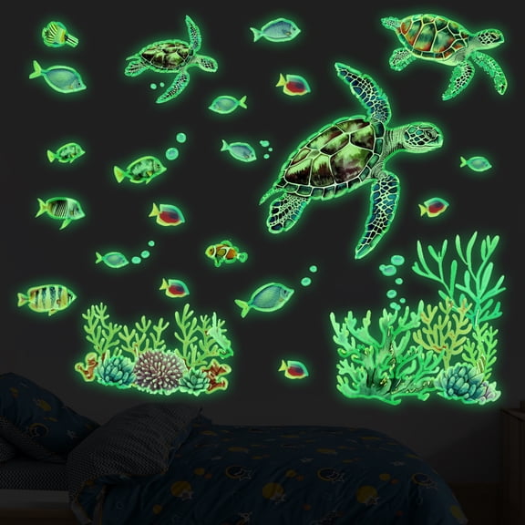 2 Sheet Luminous Wall Decals Glow in the Dark Sea Turtle Wall Stickers Ocean Theme Decals Vinyl Peel and Stick Removable DIY Art for Kids Bedroom Bathroom Living Room Decor