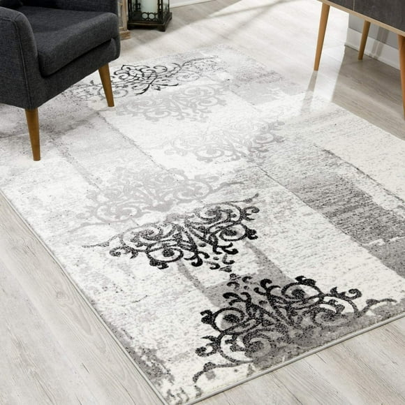 homeroots home decor 393901 7’ x 9’ Gray Faded Filigree Pattern Area Rug