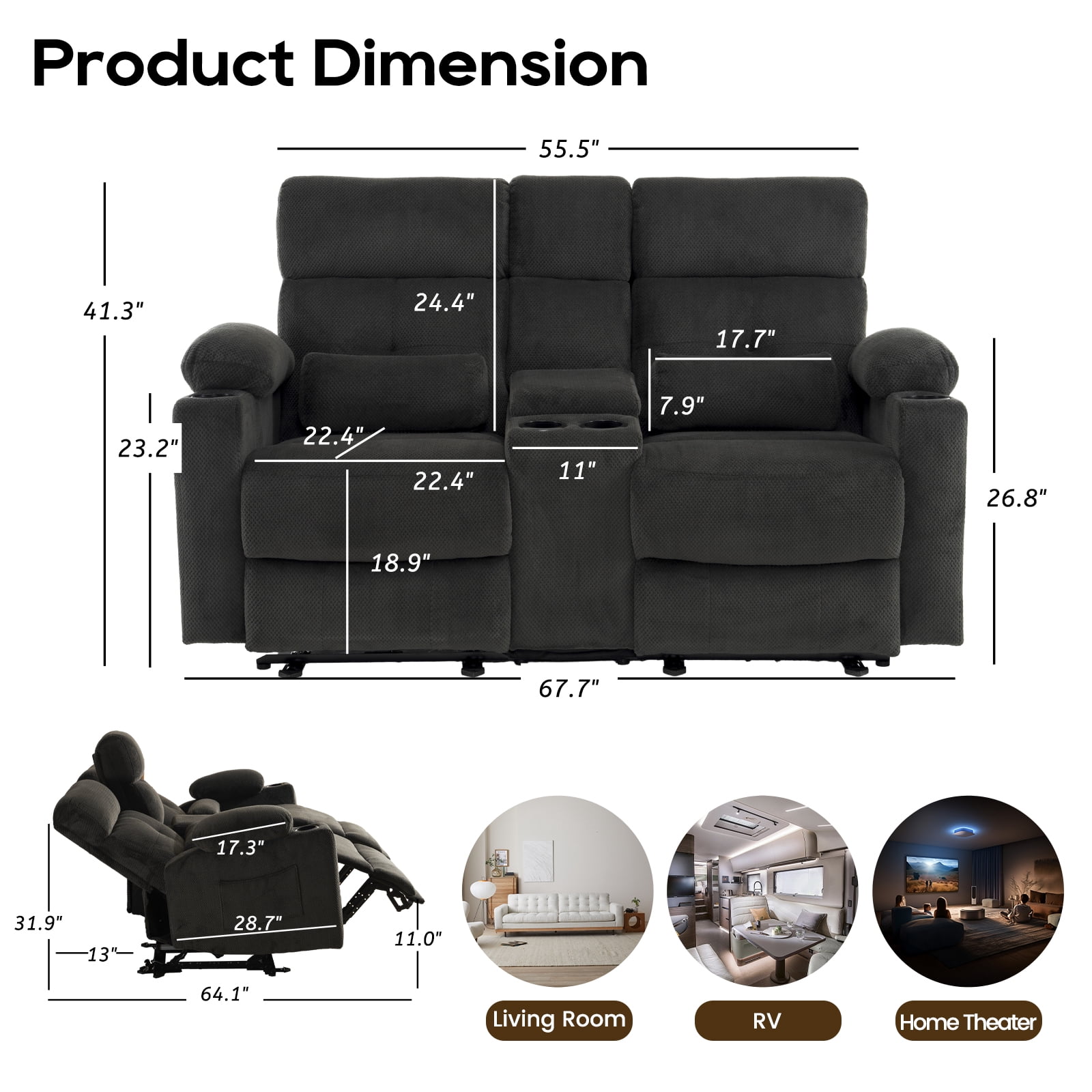 PYOIER Reclining Loveseat Sofa With Massage & Heating, Grey