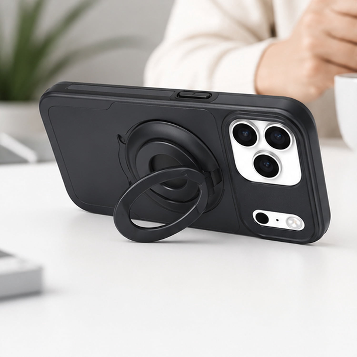 Ring Stand Case & Camera Lens Sliding Cover for iPhone 17 Pro Max - Black