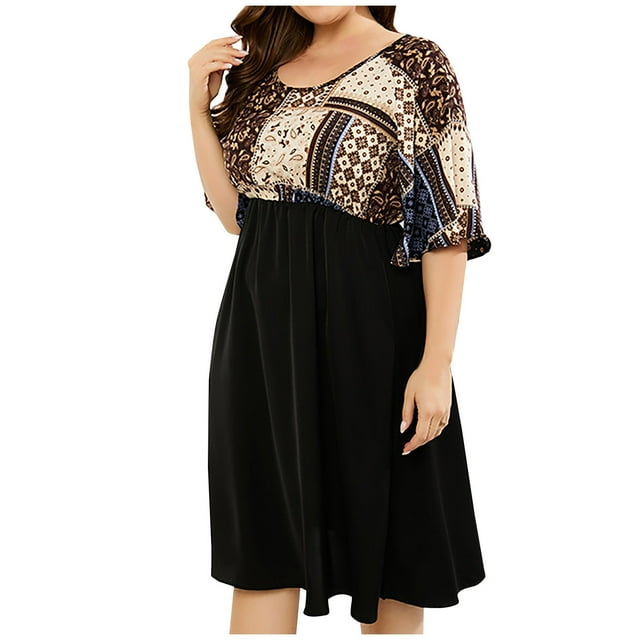 Robes d'Été Sexy pour Femmes, Robes d'Été Décontractées à Manches Courtes, Col Rond, Imprimé, Robe Ample à Manches Longues