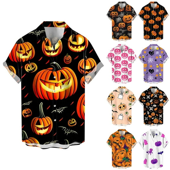 Halloween Shirts for Men 2025 Pumpkin Printed Short Sleeve Button Down Lapel Tops Casual Fall Comfortable Daily Wear Mens Shirts Blue L