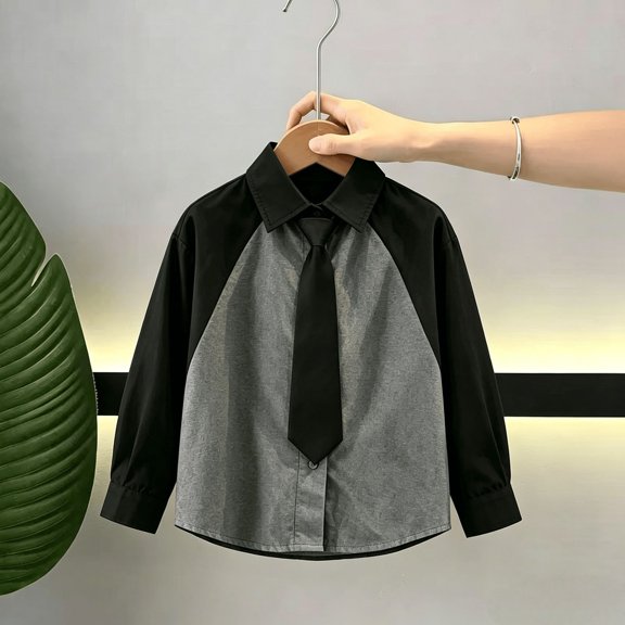 RUTAYY Boys Shirt Casual Turndown Collar Long Sleeve Color Block Raglan Top Daily Outdoor Wear Black