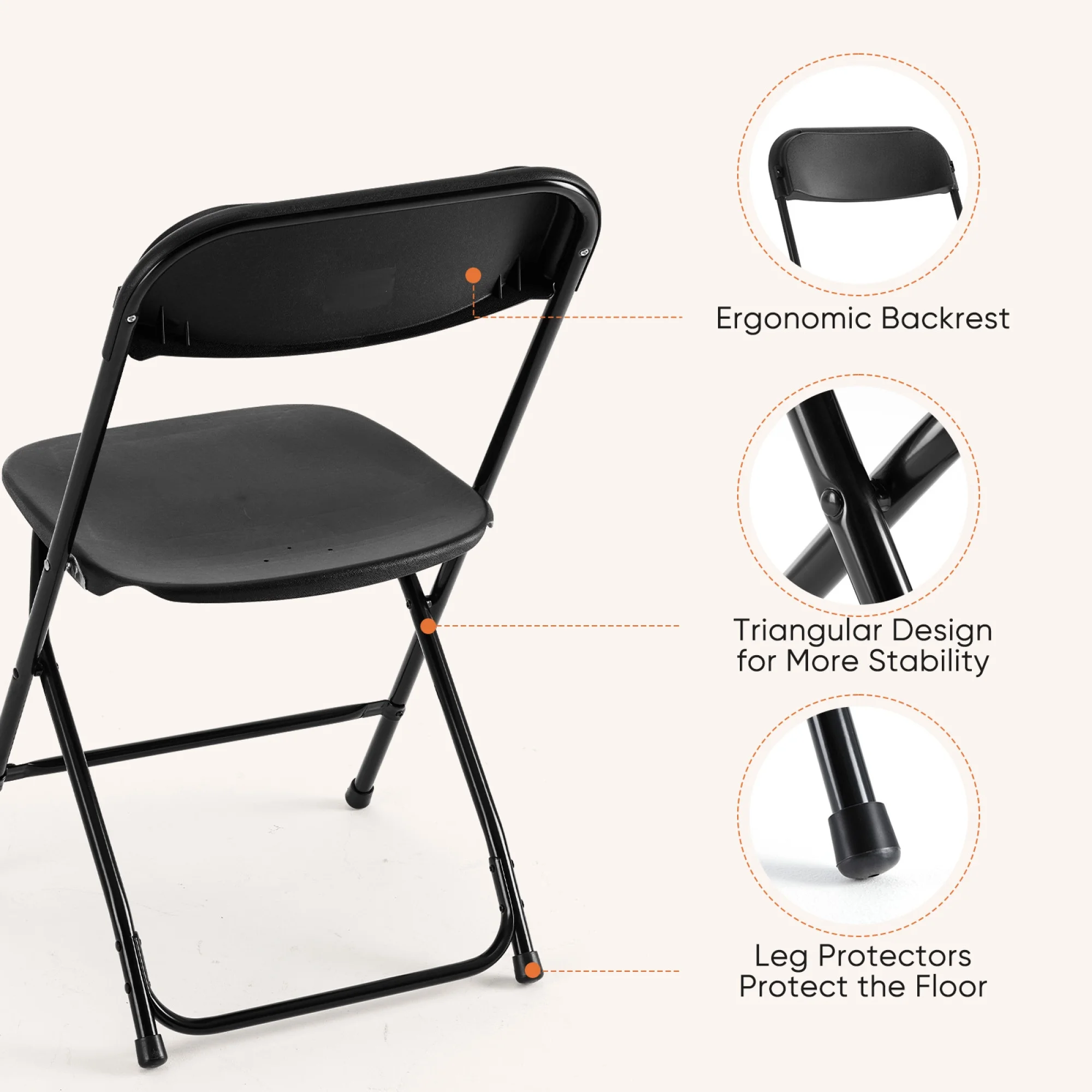 BOOSDEN 4-Pack Folding Plastic Chairs - Stackable, Black, Waterproof, 300 Lbs Capacity