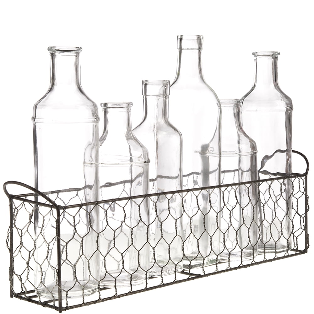 Metal Basket with 6 Bottles Shabby Chic Vase Vintage Chicken Wire 