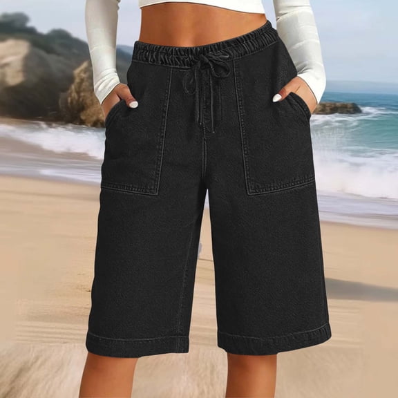 SOOMLON Jorts Women Plus Size Elastic Waist Drawstring Knee Length Shorts Denim Shorts with Pockets Casual Clothes