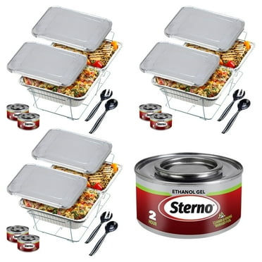 Sterno Chafing Dish Buffet Large Party Catering Set, 6 Ehanol Fuel Cans, 3 Wire Racks, 6 Food Pans with Lids, 3 Water Pans, Serving Utensils