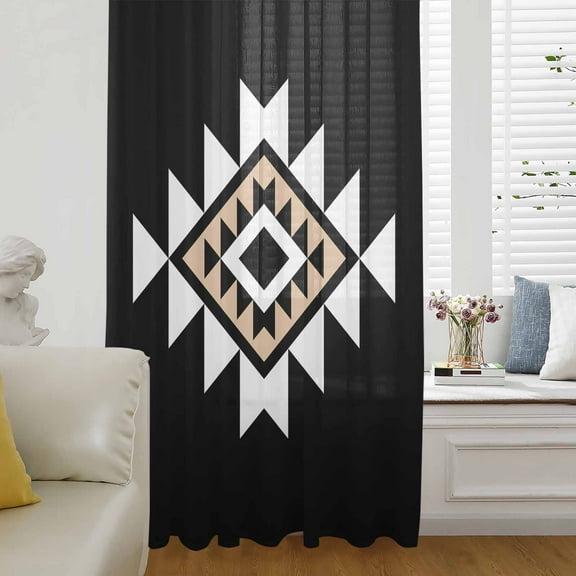 Black White Beige Boho Semi Sheer Curtains Drapes for Living Room, Bedroom, French Doors Window 96 Inches Long, Western Geometric Aesthetic Rod Pocket Chiffon Curtain Drapery Voile Draperies Panel