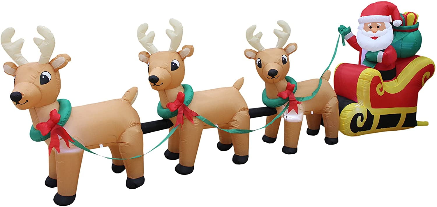 12 Foot Long Lighted Christmas Inflatable Santa Claus on Sleigh with 3