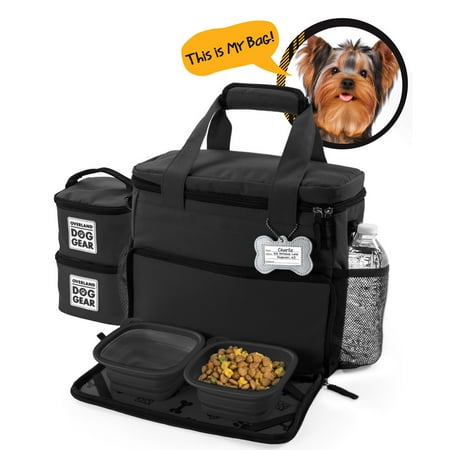 Overland Travelware Dog Gear 11" Travel Bag - Week Away Bag for Small Dogs with 2 Food Carriers, Placemat & 2 Bowls