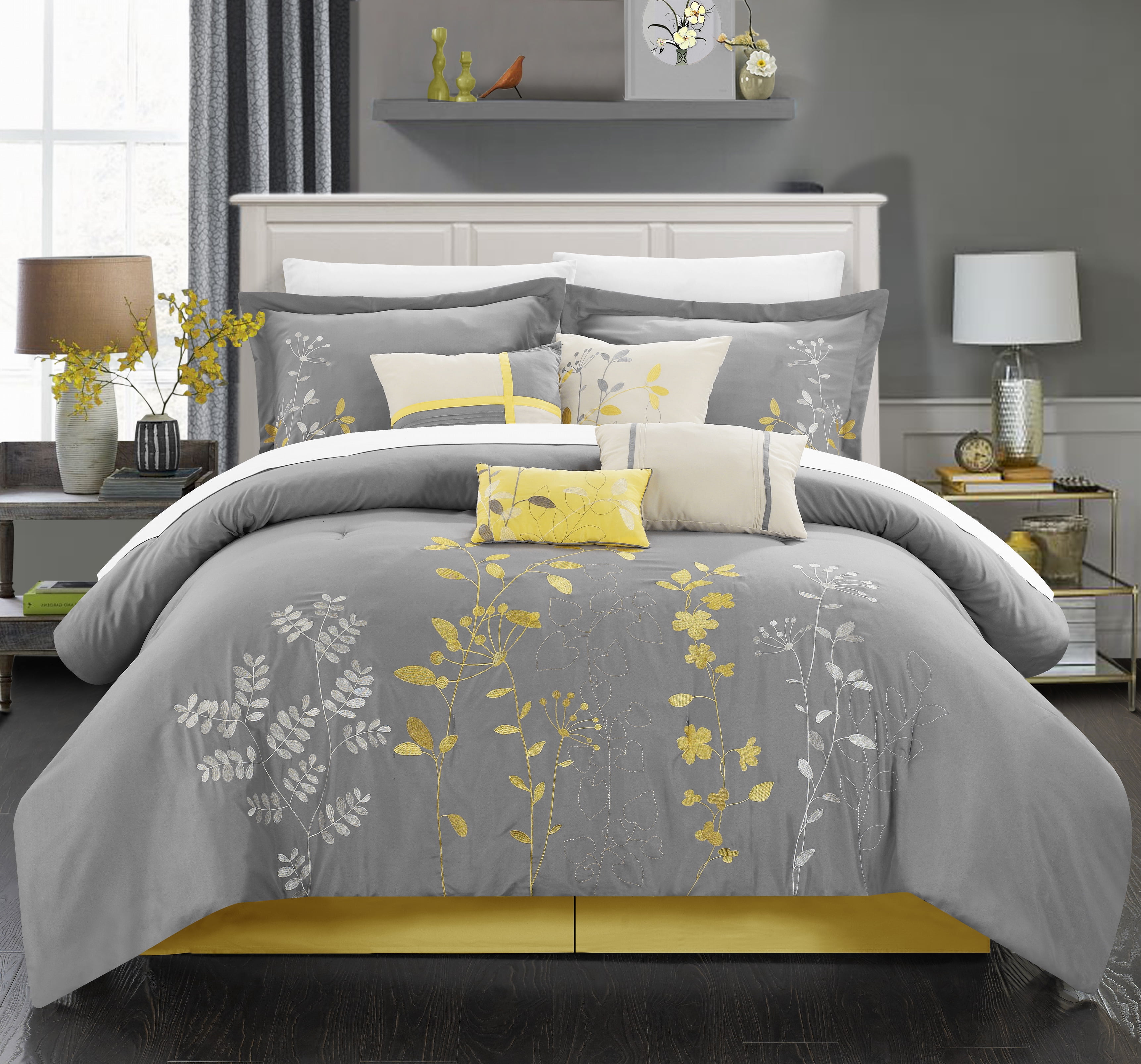 Chic Home Nits 12Piece Embroidered Comforter Set, Queen, Yellow