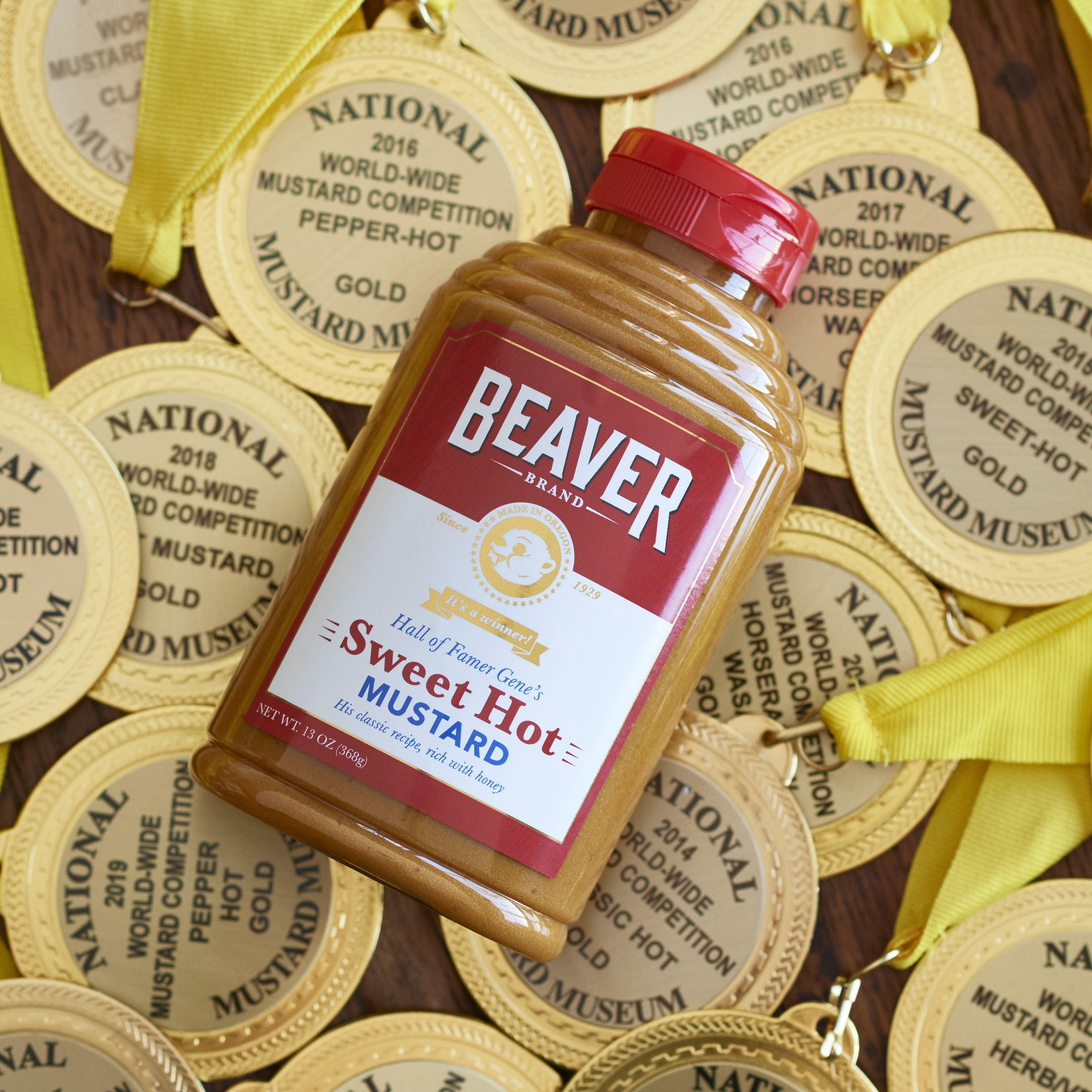 (4 pack) Beaver Brand Sweet Hot Mustard, 13 oz Bottle