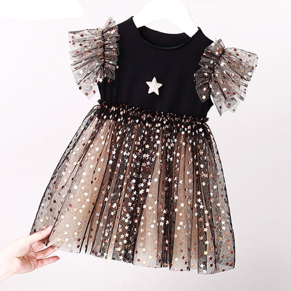 YHAJDS Little Girl Short Sleeve Puff Dress Star Print Sequin Mesh Tutu Style