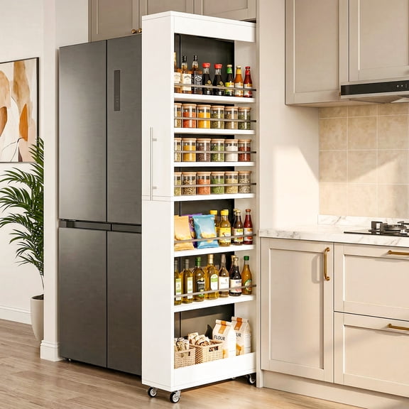 Finmind 73" Tall Slim Rolling Storage Cart, 7‑Tier Narrow Pantry Cabinet with Wheels for Kitchen Small Spaces, White