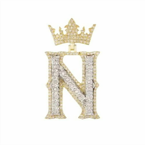Lucky N Letter Single Logo Crown Name Men's Pendant Iced Out Diamond Hip Hop Bling Rapper Pendant 14K Tow Tone Gold Plated 925 Sterling Silver Handmade Customized Charm Pendant Gift For Dad
