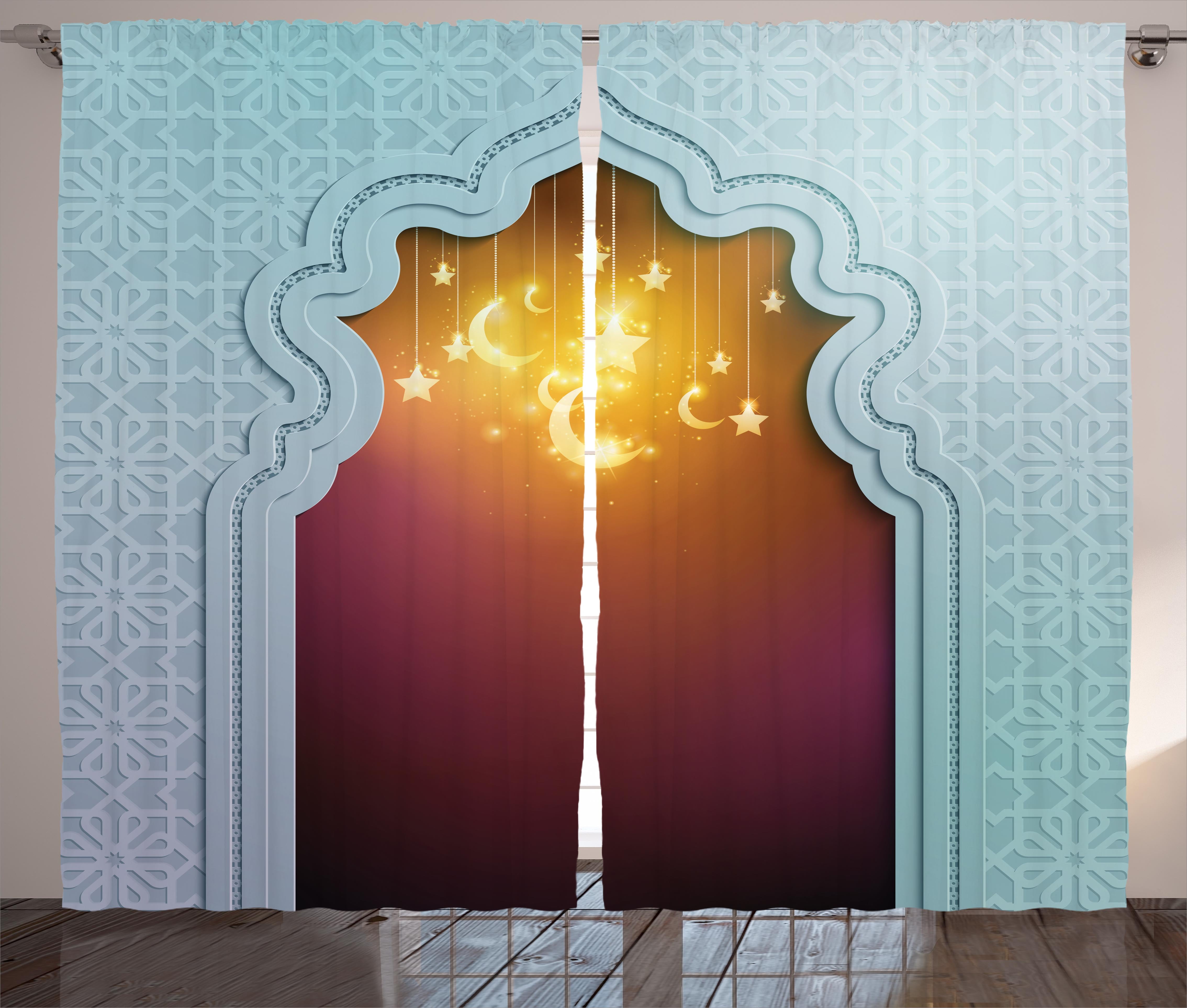 Moroccan Curtains 2 Panels Set, Mosque Door with Shiny Star and Moon Ornaments... by Kozmos