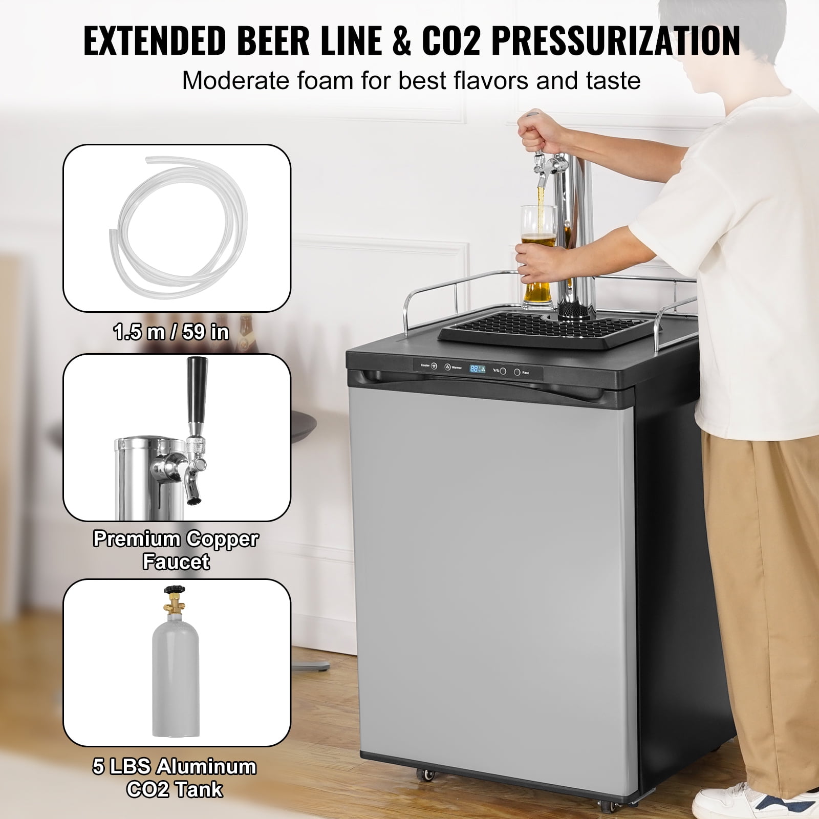 KFFKFF Beer Cooler, 162L Single Faucet Draft Beverage Chiller, Large Capacity Keg Fridge with Storage, CO2 Cylinder (Empty), 23°F- 82.4°F Adjustable Cooling,