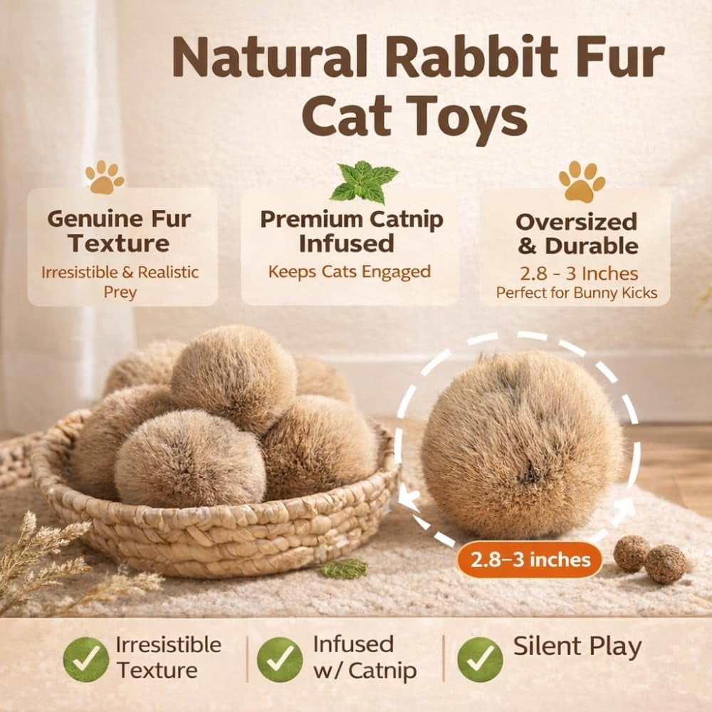 Cat Toy Balls, Ultra-Soft Fluffy Furry Pom Poms, Washable Quiet Kitten Toys for Chasing, Batting and Catching, Safe Interactive Pet Toys for All Cats
