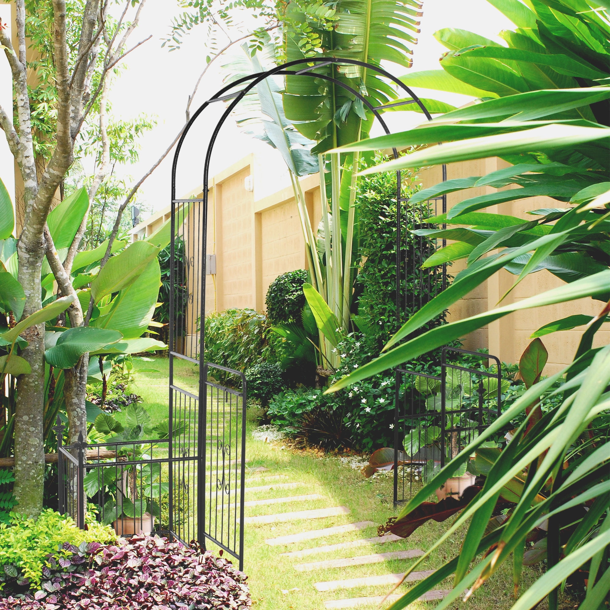 86" Garden Arbor Arch Gate with Trellis Sides for Climbing Plants, Wedding Ceremony Decorations, Grape Vines with Locking Doors, Planter Baskets, Flourishes & Arrow Tips, Black
