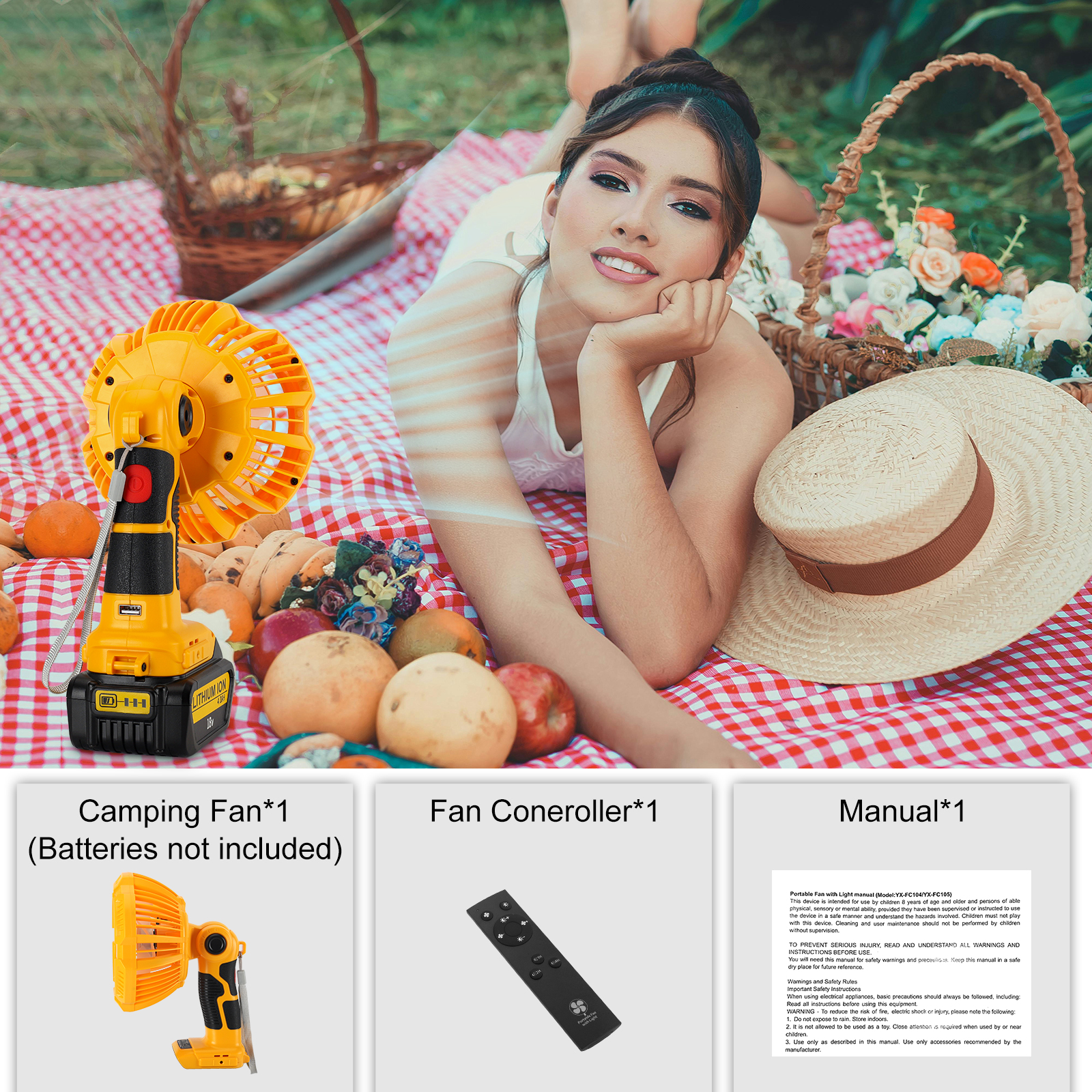 Outdoor Portable Camping Fan with Light,for Tent Hiking Fishing Travel, 3 Modes Brightness and Wind Speed, Powered by Dewalt 18V/20V Li-ion Battery BCD606 DCB205 DCB609 DCB204etc.