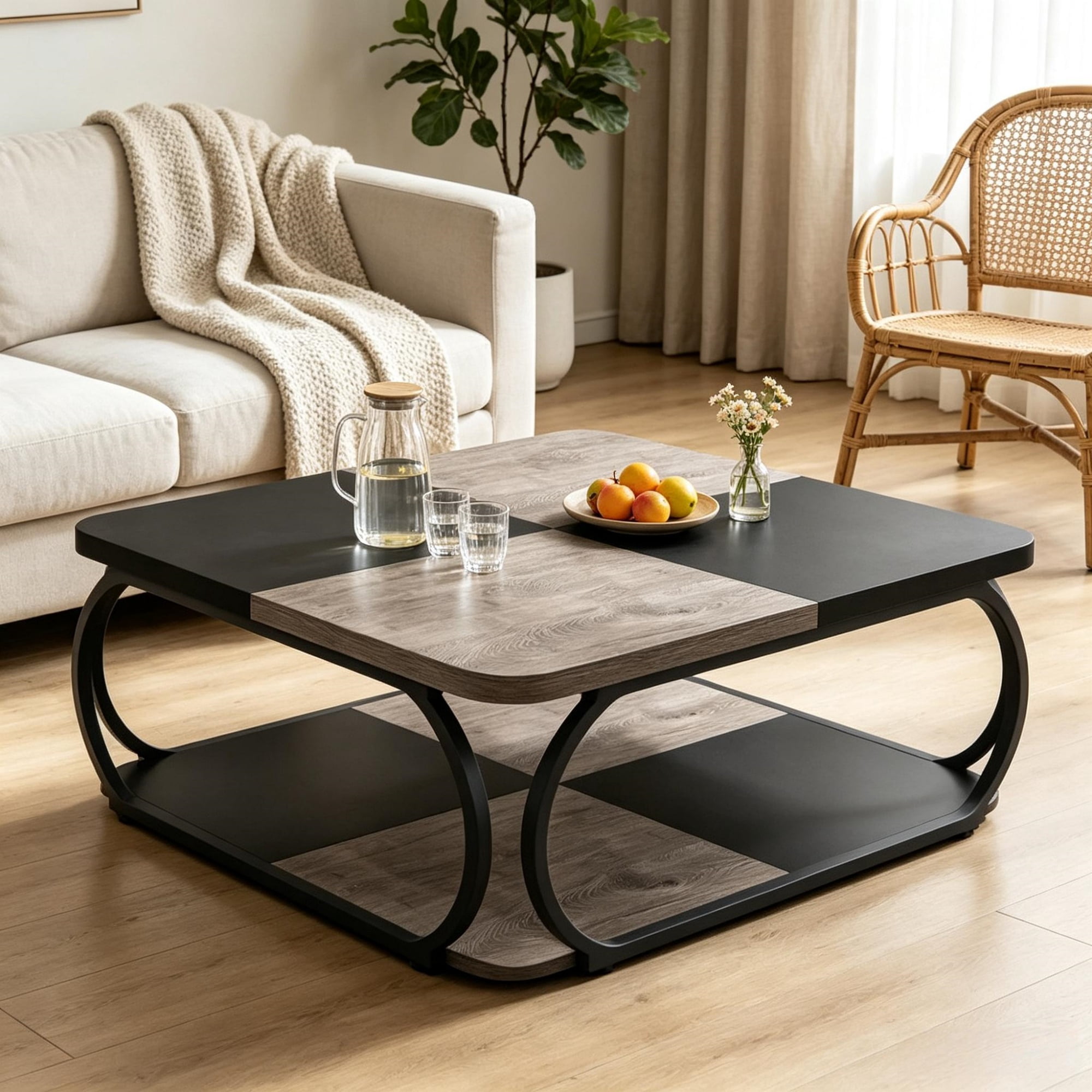 39 Inch Square Cocktail Table with 2 Tier Shelves, Central Coffee Table