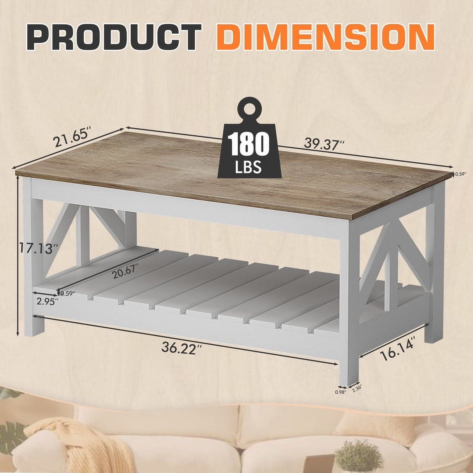 Homall 39" 2-Tier Farmhouse Coffee Table Wood Center Table with Storage Shelf for Living Room, Oak & White