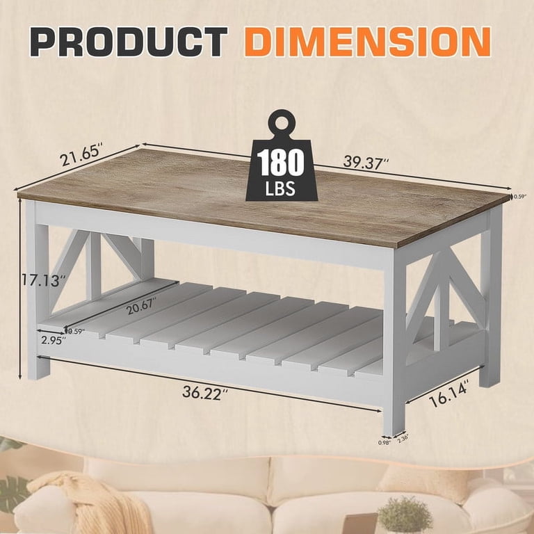 Homall 39" Farmhouse Coffee Table, 2-Tier Wood Storage photo 7