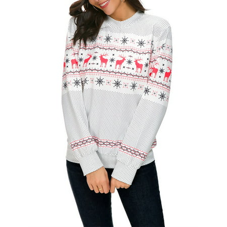 Christmas Women Hoodie Sweatshirt Sweater Polka Dot Snowflake Deer  Xmas Print Long Sleeve Pullover Jumper Tops