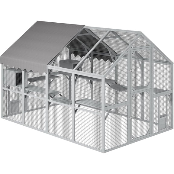 Akaber 112'' Catio Outdoor Cat Enclosure Super Large Wooden Catios for Cats Patio with Waterproof UV Protection Canopy, Outside Cat Run Enclosure Condon with Platforms, Small Houses, Bridges
