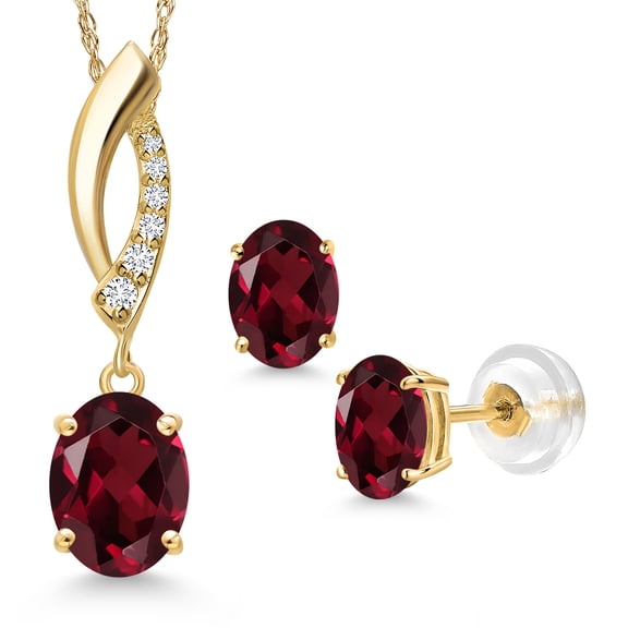 Gem Stone King 14K Yellow Gold Red Rhodolite Garnet and Lab Grown Diamond Pendant Earrings Jewelry Set for Women | 2.35 Cttw | Gemstone January Birthstone | Oval 8X6MM | with 18 inch Chain