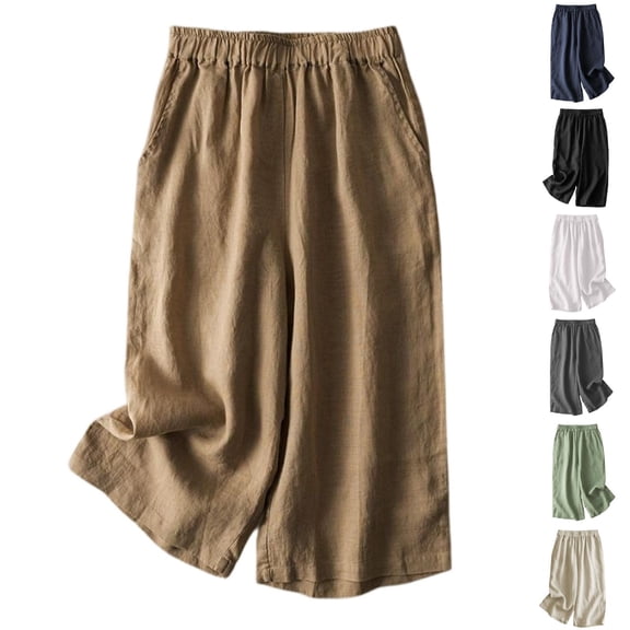 WULMLEO Women's Linen Wide Leg Capris Casual Summer Shorts with Pockets Coffee M