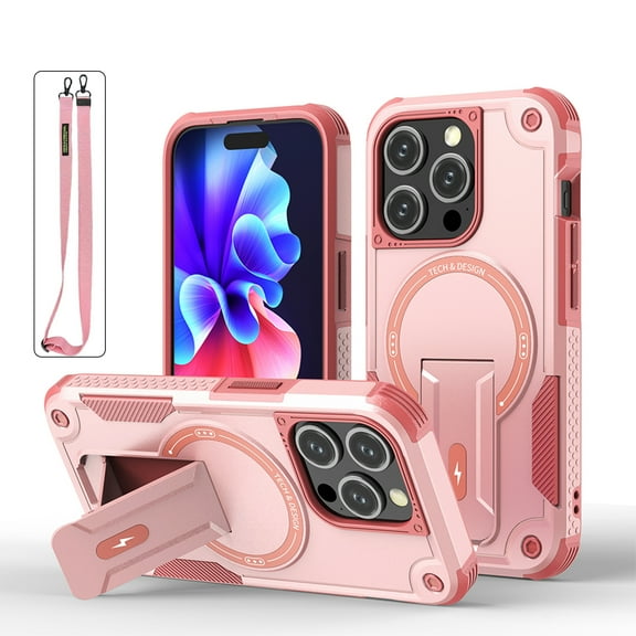 Magnetic for iPhone 14 Pro Case with Stand, Detachable Strap, [Compatible with Mag-Safe] Built-in Kickstand, Shockproof Rugged Protection Heavy Duty Case for iPhone 14 Pro, Pink