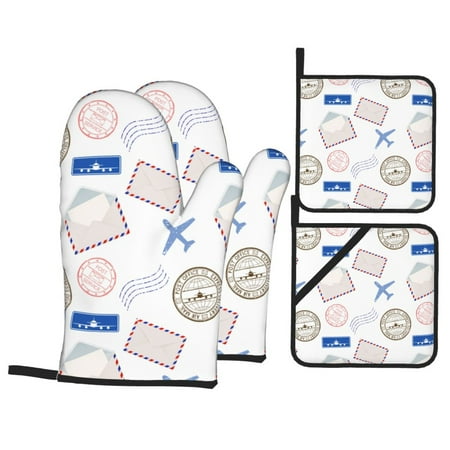 

Oven Mitts and Pot Holders Sets 4 pcs - travel envelope Pattern Heat Resistant Silicone Oven Gloves with Non-Slip Silicone Surface and hot pads for kitchen Baking Cooking BBQ