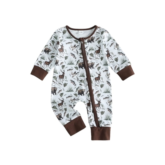 Cjfdfy Newborn Baby Boy Hunting Clothes Animal Angling Print Long Sleeve Zipper Romper Baby Cute Western Romper Funny Coming Home Fall Winter Outfit 0-18M