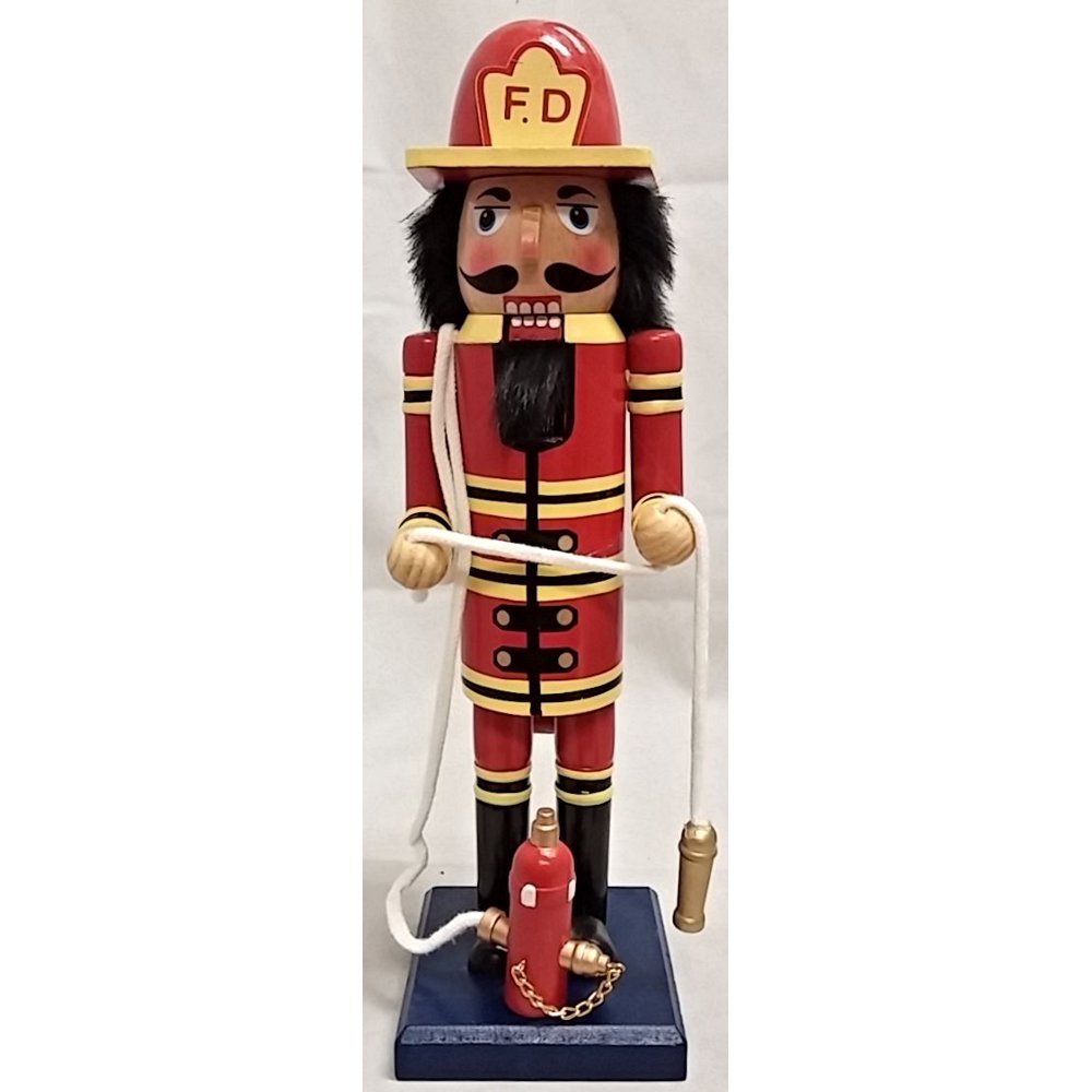 Fireman with Fire Hydrant and Hose Wooden Christmas Nutcracker 14 Inch