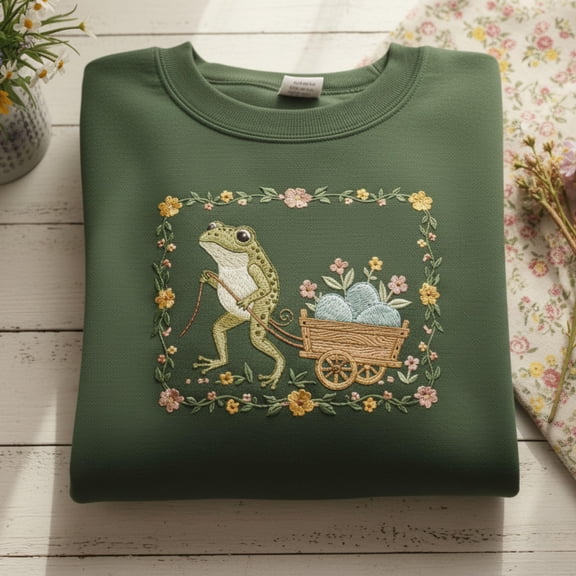 Vintage Easter Frog Embroidered Sweatshirt Spring Cottagecore Crewneck Forest Animal Shirt Cozy Gift For Her