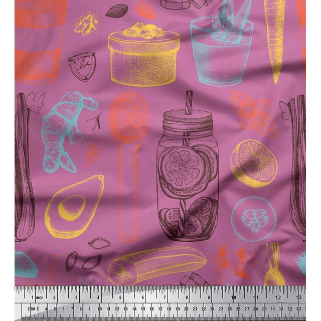Soimoi Poly Georgette Fabric Vegetables,Jar & Cups Print Fabric by Yard 52 Inch Wide