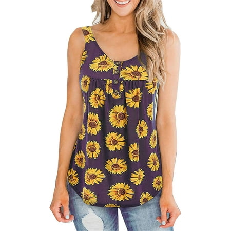 

PIKADINGNIS Womens Flower Floral Printed Loose Casual Boho Buttons Tank Tops for Women Summer Beach Holiday Vest Sleeveless Shirt