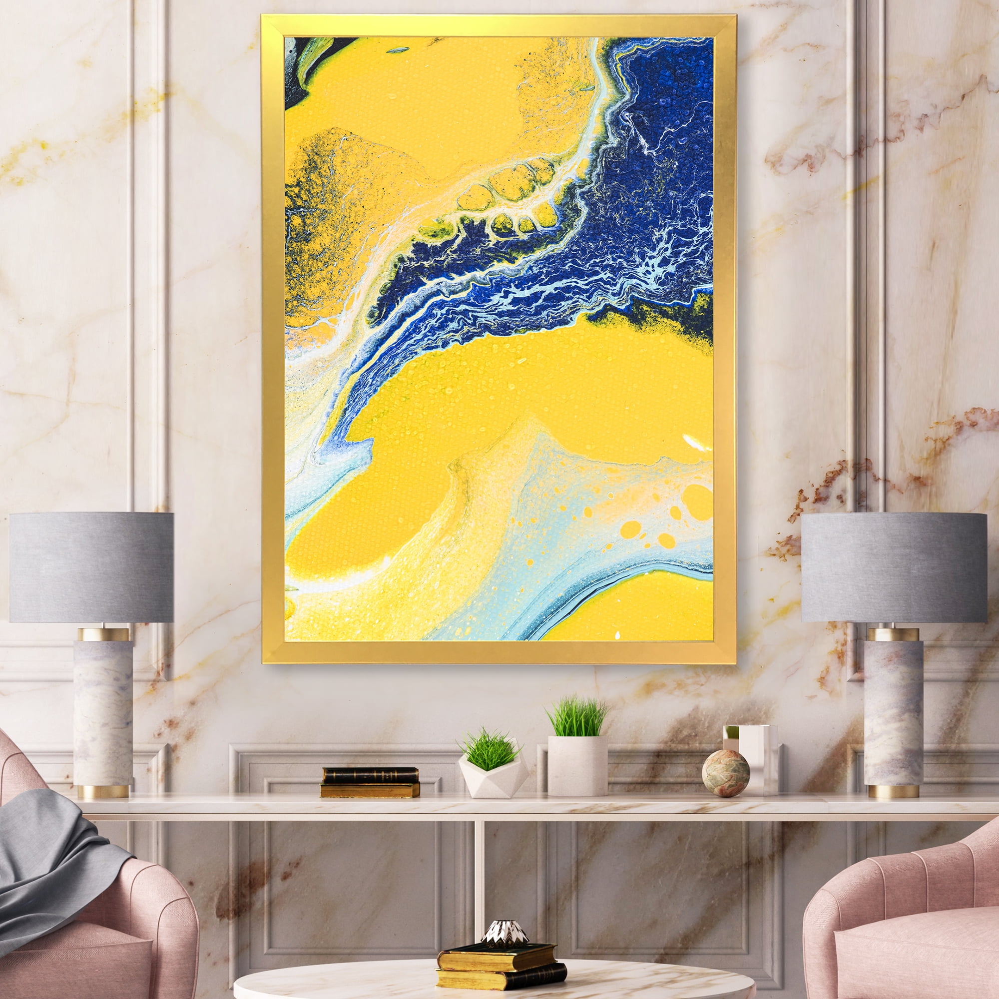 Designart 'Abstract Composition In Blue and Yellow VII' Modern Framed Art Print