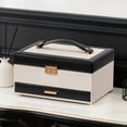 thumbnail image 2 of Casegrace 3-Tier 3D Structure Jewelry Box with Double-Sided Pull-Out Tray, Striped Color-Block PU Leather Jewelry Storage Box, Built-in Mirror, Layered Expandable Portable Jewelry Organizer Case, 2 of 10