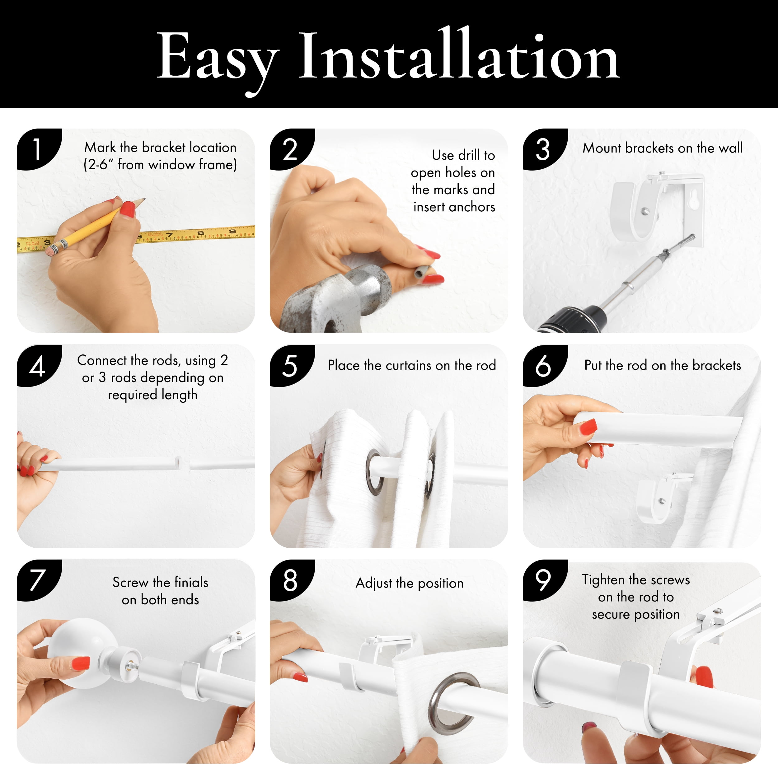 MERIVILLE 1" Single Curtain Rod Set, Adjustable 28-48 Inches, Ball Finials, Glossy White