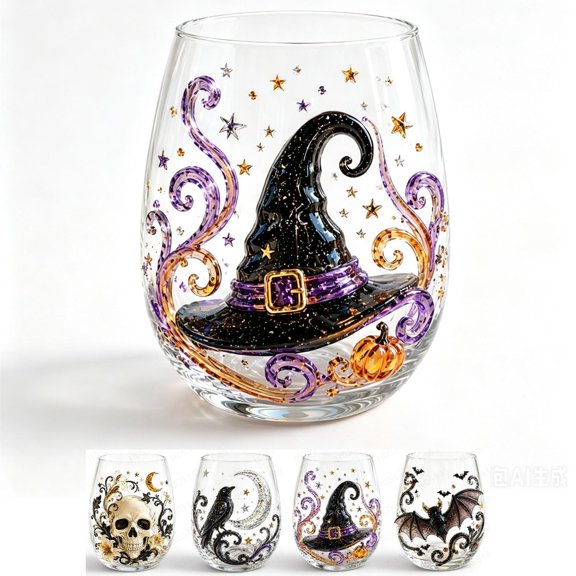 3D Halloween Glass Cups – 3D Handmade Stemless Glass,Single 3.35x4.33in Artisan Drinking Glass with Witch Hat,Bat & Skull (C)