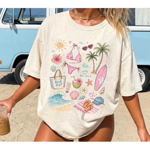 Women Beach Summer Vacation Shirt, Seashell Bikini Tee, Summer Beach Shirt, Coastal Vacation T-Shirt, Ocean Aesthetic Tee, Beach Holiday Clothing