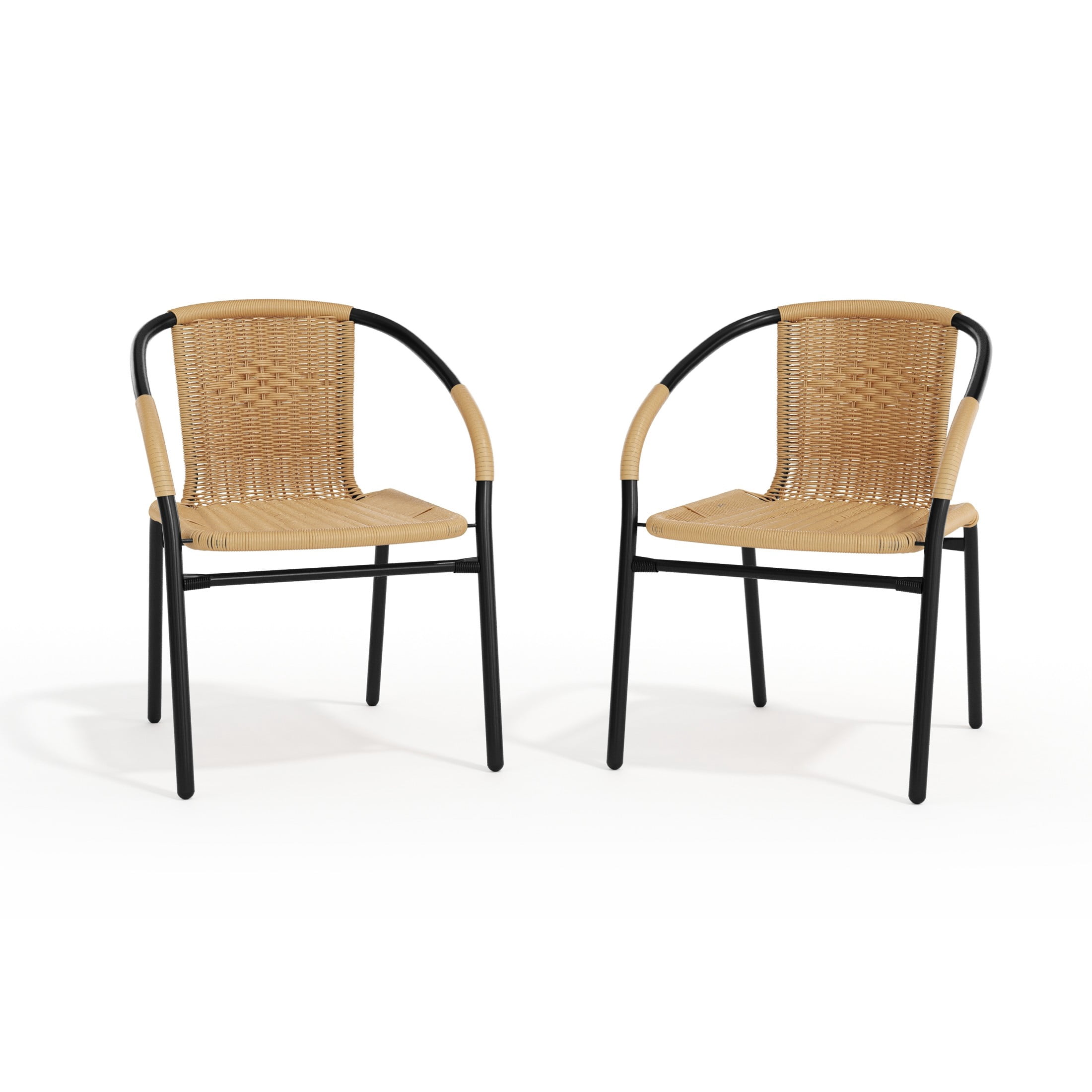 BizChair Set of 2 Commercial Grade Beige Rattan Indoor-Outdoor Restaurant Stack Chairs