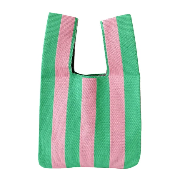 Bolsa de compras con estampado de rayas, plegable, reutilizable, de gran capacidad, para viajes diarios, color rosa y verde