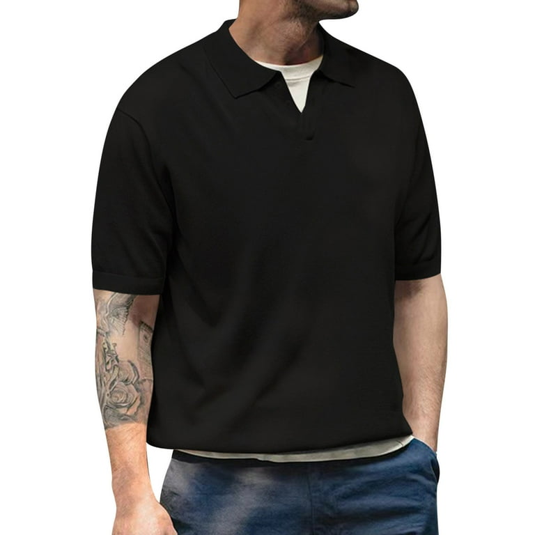 B91xZ Mens Shirts Casual Stylish Mens Summer Cotton Fashion Poster Holiday Beach Lapel Solid Short Sleeve Extra Large Men Polo Shirts For Men Black XL