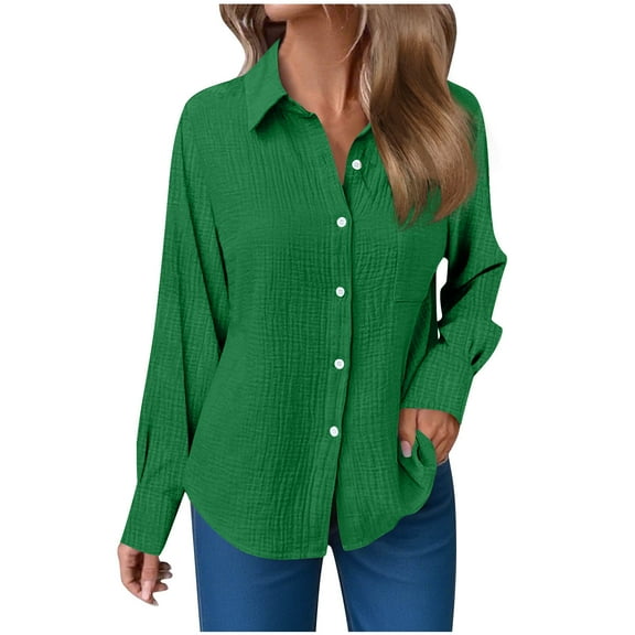 yardsong Womens Gauze Button Down Shirt Fall Fashion Long Sleeve Collared Tops Business Casual Blouse with Pockets 2025 Green,XXL