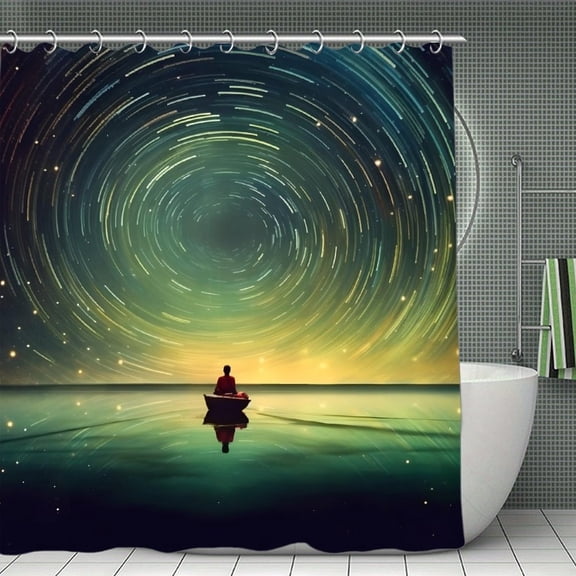 Galaxy Stars Meditation Boat Reflection Cosmic Spiritual Night Sky Print Shower Curtain,Modern Fabric Waterproof Shower Curtain Set with Hooks,70.8×70.8Inch